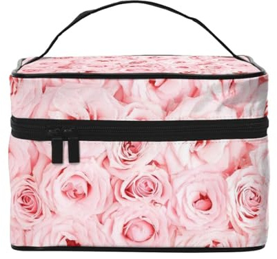 ESNAIUVCD Kulturbeutel mit rosa frischen Rosen, große Kosmetiktasche, Reise-Make-up-Tasche, Organizer für Damen, Schwarz , Einheitsgröße, Kosmetikkoffer