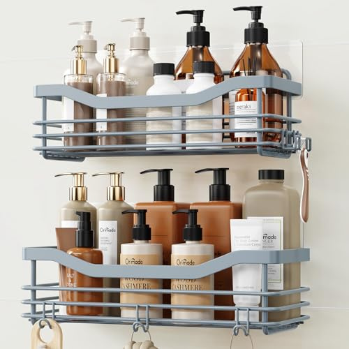 Orimade Duschregal ohne Bohren Edelstahl Duschablage mit 5 Haken Duschkörbe | Rostfrei Duschkörbe ohne Bohren für Bad Küche Toilette,Schneller Wasserablauf, Extrem hohe Tragfähigkeit,2 Stück,Grau