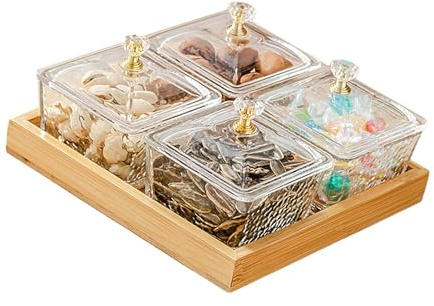 Cuenco para aperitivos con bandejas de madera, juego de 4 cuencos para servir de cristal, cuencos para salsas con tapa, cuencos para preparar antipasti, cuencos de mermelada