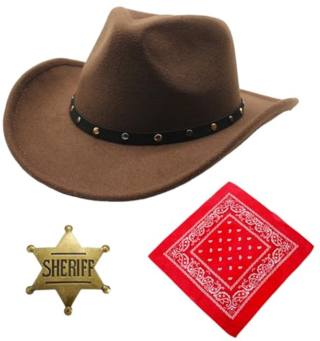 Amycute Cowgirl Kostüm Damen, Cowboy Kostüm Herren, mit Halstuch Karneval Cowgril Hut zubehör Partyhut Partyhalstuch Accessoires Cowboyhut für Karneval Fasching kostüm Herren Damen (Style C)