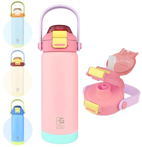 BOGI Metal Water Bottle with Straw, 720ml Stainless Steel Water Bottle for Sports Travel Gym Leak Proof Insulated Water Bottle with 2-in-1 Duo Lid for Boys Girls Keep Drinks 12h Hot & 24h Cold | Pink