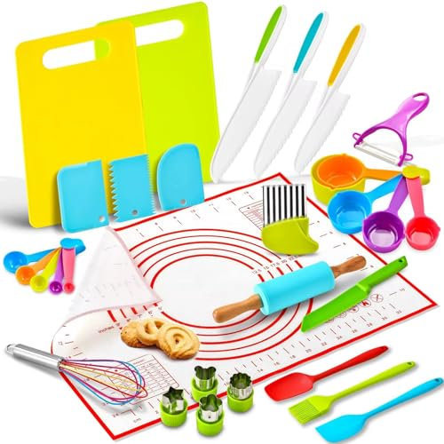 Ustensiles De Cuisine Enfant- Complet 31pieces- Couteau Enfant- Kit Patisserie Enfant -Vrais Ustensiles de Cuisine Sécurisés- Accessoires Montessori - Cadeau Enfant 3 ans,4 ans, 5 ans - Educatif