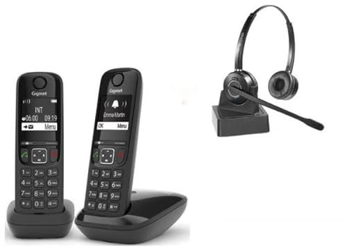 Cleyver - 2 x Teléfonos AS690 DECT, Inalámbrico, Negro y Auriculares Duo ODHW15, Largo Alcance, 2 auriculares