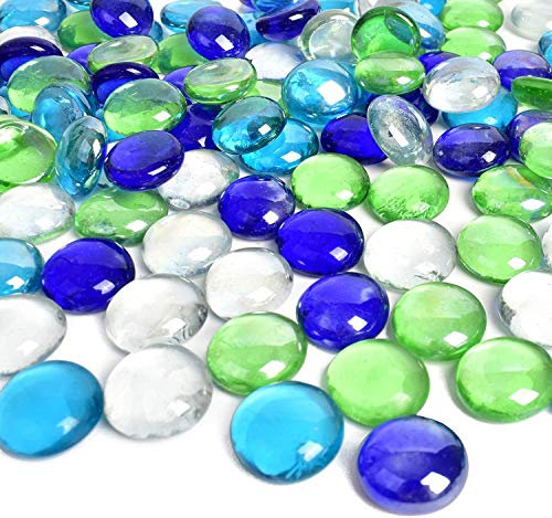 DQZRTUECA Guijarros de vidrio de colores variados, piedras de relleno for jarrones, guijarros de vidrio, guijarros de vidrio redondos de 450 g, mesa de canicas de piedra plana(Blue Apple Green)