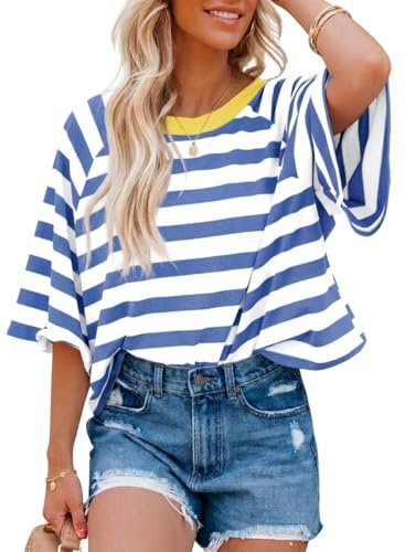 Chicrise Camiseta para mujer de verano, camiseta oversize a rayas, camiseta de manga corta con cuello redondo, camiseta casual de manga corta, azul claro blanco, L