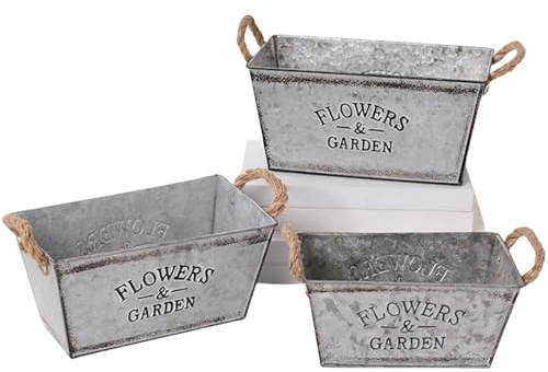 Mafagwre Blumentöpfen Aus Verzinktem Metall, 3 Stück Zink Paletten Blumenkästen, Vintage Blumenkübel, Eisenwannen Für Draußen, Rechteckiger Blumentopf Für Draußen Mit Hanfseil (A)