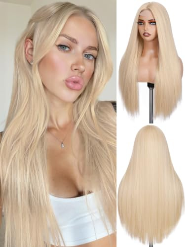 FAVE 65cm Blond Perücken Für Frauen, Lange Glatte Blond Mittelscheitel | Simulierte Spitzenkopfhaut, hitzebeständige synthetische BlondPerücken für Alltag & Cosplay, auch für Anfänger