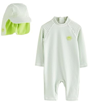 NEXT Niños Conjunto de bañador y Gorro con protección Solar Green Stripe 18 Meses-24 Meses