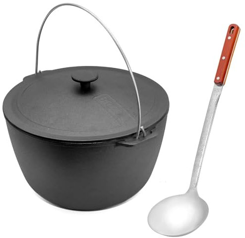 Gusseisen Topf 6 L mit Deckel und Schöpflöffel Kazan mit Bügel Schwenktopf Campingtopf Gulaschkessel Schmortopf Dutch Oven Induktionsgeeignet & Ofenfest Gusseisentopf für Kochen & Braten Asia WOK