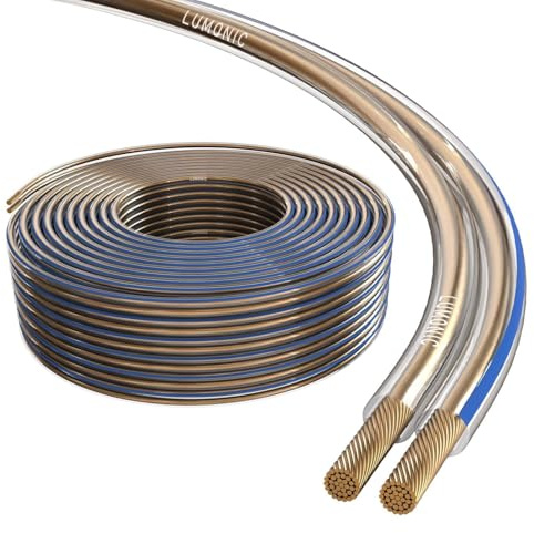 Lumonic Cavi per altoparlanti | 50m Trasparente | 2x 4mm² CCA | Marcatura blu Cavo per diffusori HiFi | Linea audio doppia