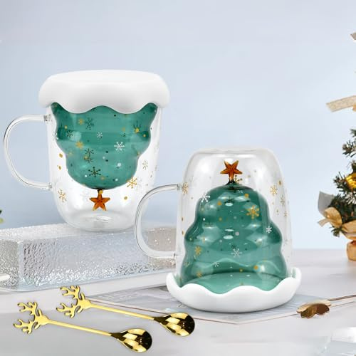ADERTOS 2 PCS Christmas Tree Coffee Mugs Double Wall Insulated Glasses Coffee Glass Mug Tea Cup Cappuccino Latte Macchiato Glasses Cups Heat Resistant Coffee Cup with Lid Handle for Xmas Gift - 300ml