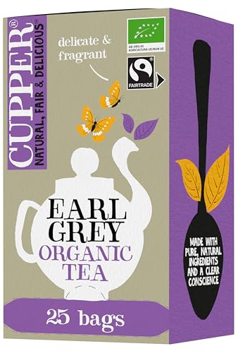 CUPPER Tè Nero Earl Grey Biologico e Fairtrade, Ingredienti da Agricoltura Biologica, Gusto Leggero e Rinfrescante, Filtri 100% Biodegradabili, Confezione da 25 Bustine