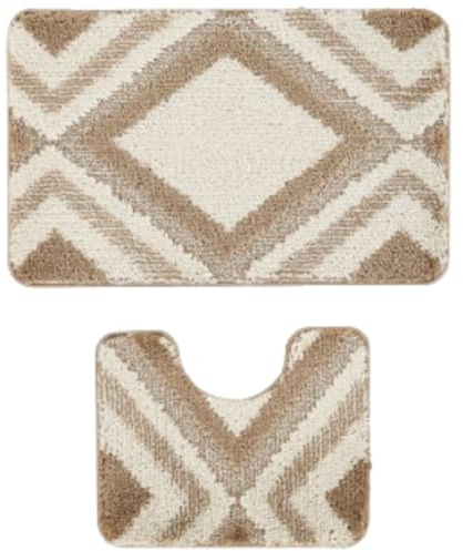 Paradise Bath Mat Set - Bath Mats 2 Piece Set- Soft Plush Anti-Slip Rugs - Bathroom Carpet Essentials - Bathroom Mat Quick Dry - Washable Mats - (Beige, 80 x 50 cm + U Shaped 48 x 48 cm)