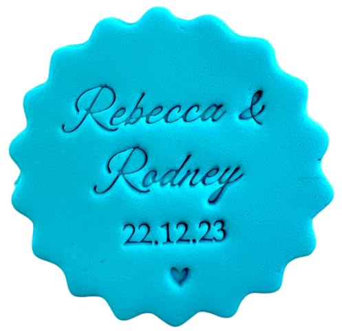 Personalised Cookie Stamp with Free Scallop Cutter, Wedding Couple Names, 5cm Acrylic Biscuit Embosser, Food-Safe Plastic Baking Tool, Fits M&S All Butter Biscuits (Design 5)