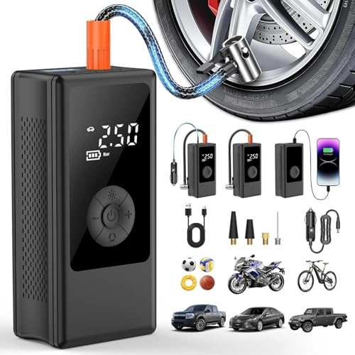 Kabellose Elektrische Luftpumpe, Tragbare Akku Fahrradpumpe | mit alle ventile LED-Licht, Wiederaufladbare Reifenpumpe für Fahrrad, E-Bike, Auto, Motorrad, Bälle, Schwarz