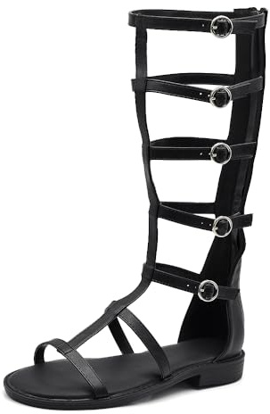 IF Sandali Gladiatore Donna Alti al Ginocchio, Sandali Romani Flat con Cinturini Multipli e Fibbie Regolabili, Chiusura con Zip Posteriore, Stivali estivi Casual Chic 5407 nero N.36