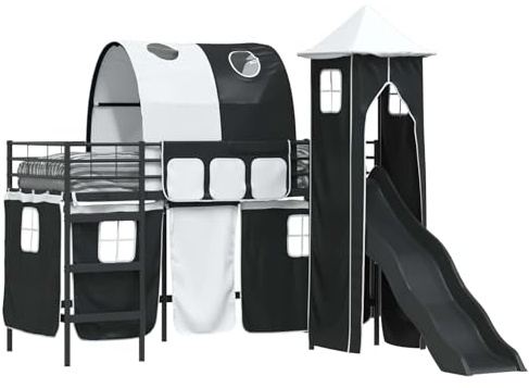 KKgypkn Modernes Hochbett mit Rutsche, Vorhang und Turm in Schwarz 90x190 cm – 4-teiliges Spielbett-Set aus Metall mit Lattenrost und Kreativbereich für sicheres Schlafen und Spielen