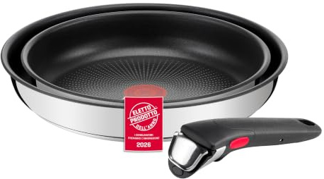 Lagostina Ingenio Inox, Set 3 Pezzi, Padelle in Acciaio Inox da 24 cm e 28 cm, Rivestimento Antiaderente, Manico Rimovibile, Salvaspazio, Adatto a Tutte le Fonti di Calore, Inclusa Induzione