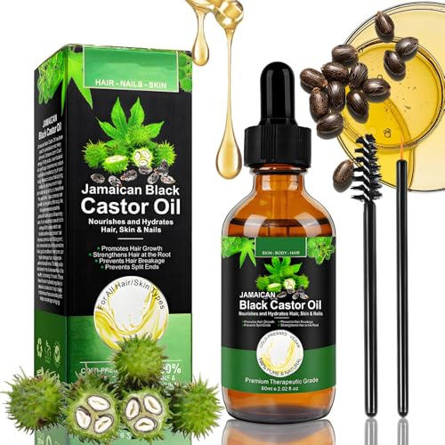 100% Pure Jamaican Black Castor Oil for Hair, Skin & Nails – Cold Pressed Natural Oil with Vitamin E & Omega, Lightweight Beauty for Lash, Brow & Care, Vegan Formula, 60ml
