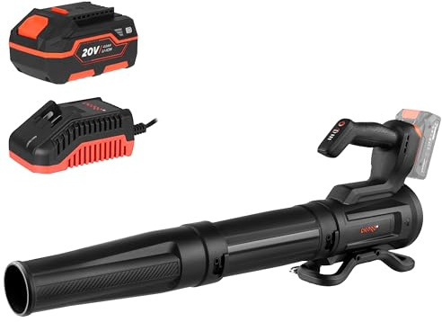 Soplador de Hojas Dnipro-M DCB-201BC 20V, hasta 180 km/h, Batería 4Ah | Caudal de aire de 610 m³/h a 50 m/s │ Correa de hombro y gancho de colgado │ IP20, Clase III, rango -10°C a +50°C