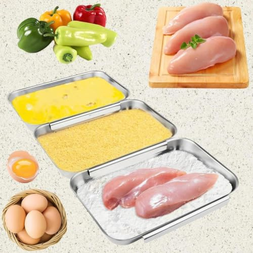 Zeroupshop Set de Bandejas para Rebozar de para acero Inoxidable | 3 piezas, Estación de Empanado Apilable, Hornear y Servir Alimentos, Plateado