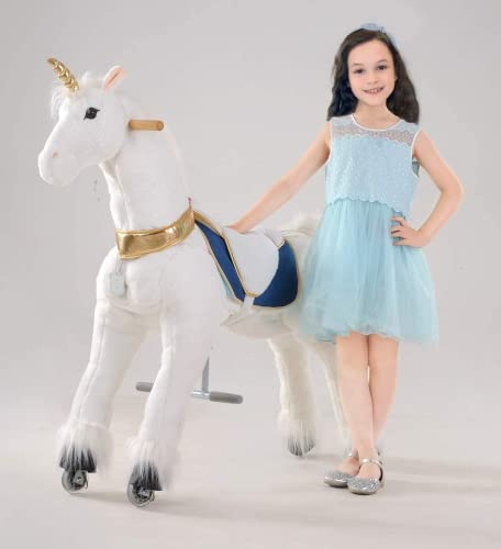 UFREE Großes mechanisches Schaukelpferdespielzeug, Auf und Ab hüpfen und bewegen, 110cm für Kinder von 6 Jahren bis Erwachsene, Einhorn mit goldenem Horn