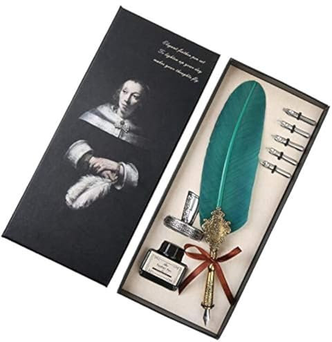 Ejoyous Feder mit Tinte, Schreibfeder Antike Kalligraphie Feder Handgemachte Feder und Tinte Set Tintenfass Einladungskarten Feder Schreiben mit Geschenkbox & 5 Federn