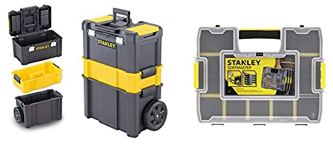STANLEY Essential Rolling Workshop Toolbox, 3 Tier Stackable Units, STST1-80151 & STANLEY Sortmaster Stackable Storage Organiser for Tools, Small Parts, Adjustable Compartments, 1-97-483
