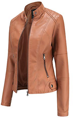 Hiser Mujer Chaqueta de Cuero con Bolsillos y Cremallera, Slim fit Manga Larga Casual Otoño Invierno Chaqueta Corta de PU Cazadora Ropa de Abrigo (Caqui,XXL)