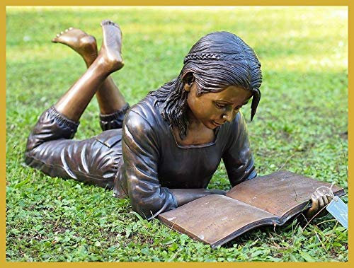 IDYL Bronze-Skulptur Lesendes Mädchen | 45x44x114 cm | Kinderfigur aus Bronze handgefertigt | Gartenskulptur oder Wohnbereich-Dekoration | Hochwertiges Kunsthandwerk | Wetterfest