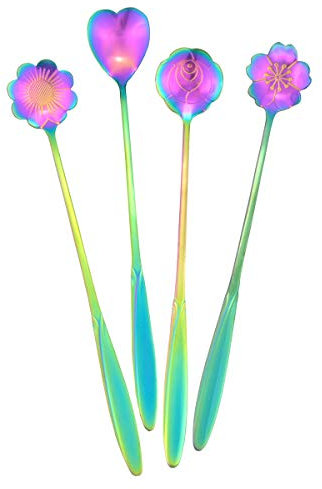 YETOOME 17,8 cm langes Blumenmuster Löffel aus Edelstahl, wiederverwendbare Teelöffel, Rührlöffel, Eislöffel, Kaffeelöffel, 4 verschiedene Muster (Regenbogenfarben)