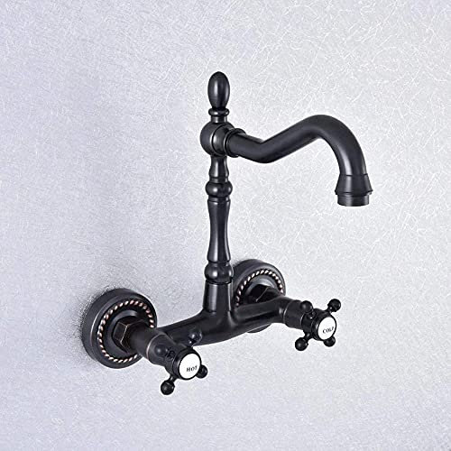 Cuisine bar salle de bain humide tumbler évier robinet en laiton noir huile frottée sur le mur rotatif mélangeur à jet d'eau double robinet croix poignée