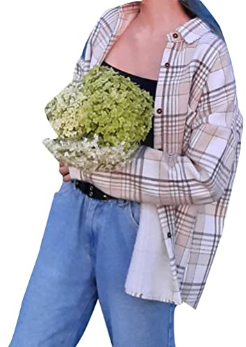 Minetom Chemises Femme Automne Hiver Blouses à Carreaux Manches Longues Flanelle Chemise Chaud Velours Veste Manteau A Beige XL