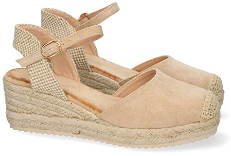 shoes&blues.es 63022-Sandalia de Cuna para Mujer, Forrado de Yute, Pala Cerrada, y Cierre de Hebilla, Primavera Verano 2022. Talla 38 Beige