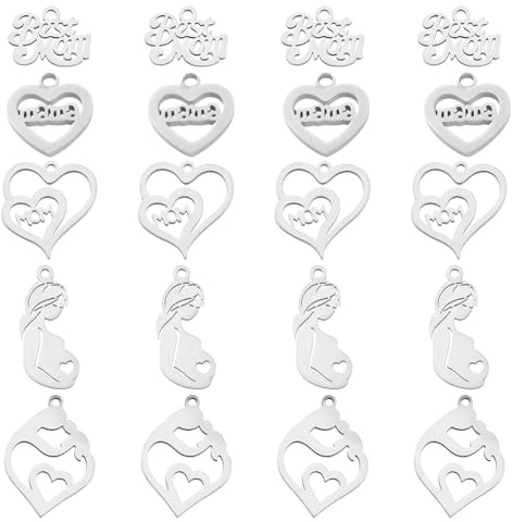 PH PandaHall 20pcs 5 Style Mom Charm Pendants, Stainless Steel Best Mom I Love Mom Heart Mom Pendants Letter Charms for Mother's Day Birthday Earring Necklace Bracelet Jewelry Making