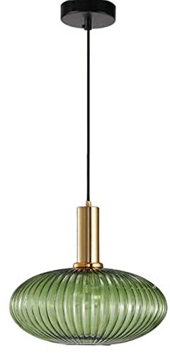 S-Cevada Suspension avec Abat-jour en Verre Nervuré, Lampe Suspendue de Plafond Rétro Moderne en Finition Laiton, Cuisine Salle à manger Chambre Lustre à 1 Lumière (30cm, Vert)