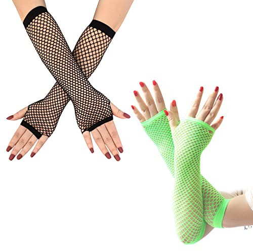 Gatielzana 2 Paar Fischnetz Handschuhe Damen Mesh Fingerlose Handschuhe für 80er Jahre Kostüm Mottoparty, Schwarz/Grün, Medium
