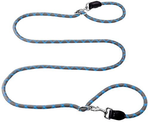 Hands Free 8.5ft Nylon Double Dog Leash with Reflective Stitching, Adjustable Waist Fits All for Medium Large Dogs - Blue