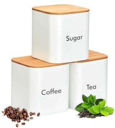 Tuzsocr 3-Teiliges Küchendosen-Set, Kaffee-Tee-Zucker-Aufbewahrungsdose mit luftdichtem Deckel aus Holz, Vorratsdosen Set, Küchen-Organizer, Weiß (Weiß)
