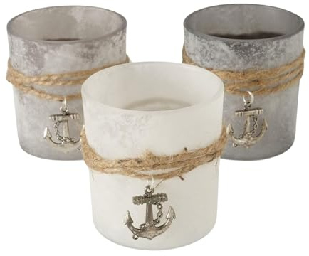 Seaside No.64 - Windlicht Kerzenglas 3er-Set - grau matt gepudert Glas - maritimes Design mit Anker - Geschenk Kerzenhalter - Teelicht Tischdekoration