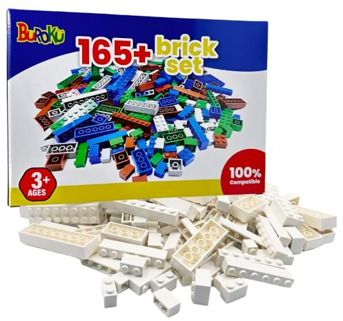 Buroku - 165-Dels Vit Byggpaket | Leksakstegelstenar Kompatibla med Alla Märken | Främjar Kreativitet och Fantasi | Olika Storlekar | Säkra och Giftfria | Byggklossar