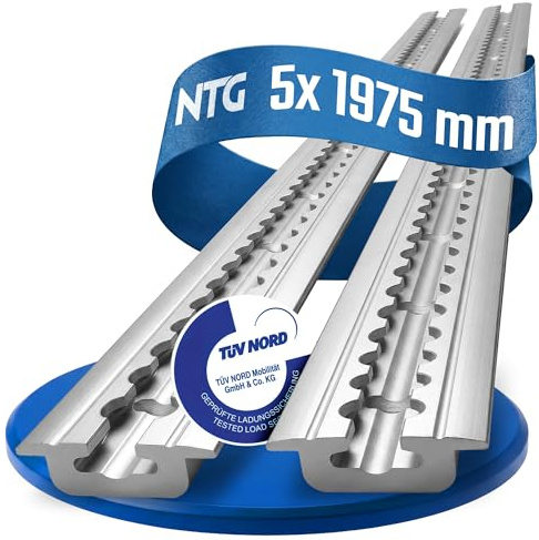 NTG 5 STK Alu flygskena 2 m 1975 mm golvprofil – TÜV-certifierad | Släpvagnstillbehör, lastsäkring, lastskena, aluminiumskena för lastbilstransporter – borrhål eloxerade silver