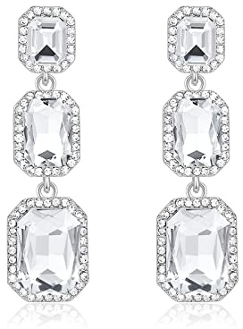 Met-edianger White Clear Rhinestone Dangle Earrings Statement Crystal Drop Earrings Wedding Bridal Rectangle Dangling Earrings for Women