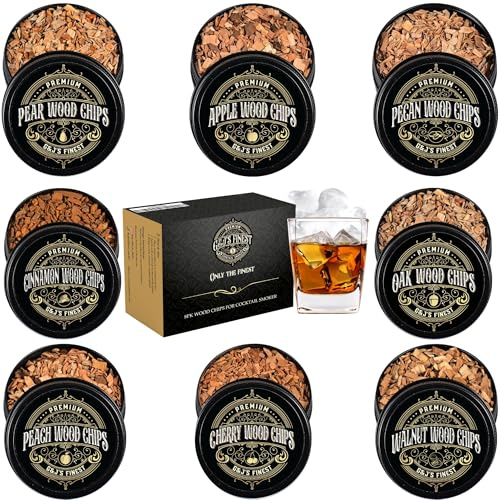 Wood Chips for Cocktail Smoker- 8-pk Fine Chunks/Shavings for Smoking Whiskey/Bourbon/Old Fashioned & Smoke Gun | Apple, Hickory/Pecan, Cinnamon, Oak, Peach, Pear, Cherry, Walnut