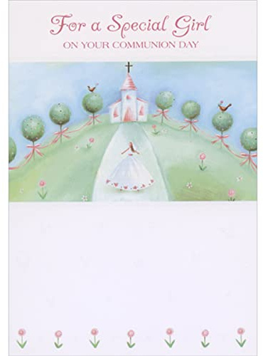 Designer Greetings Girl in White Dress Walking Up Path Toward Church 1st / First Communion Congratulations Card for Girl