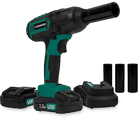 VONROC Llave de impacto sin cable 20V - 4 posiciones: 100/200/300/400Nm - Incl. 4 llaves de vaso - adecuada para cambiar neumáticos (de coche) - Incl. dos baterías de 2.0Ah y cargador