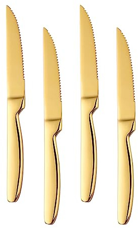 Buyer Star Steak Knife Set, 4-Piece Serrated Steak Cutlery Steak Knife, Gold Stainless Steel Steak Cutlery Knife for Home, Restaurant, Hotel, 22cm