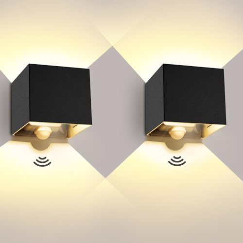 ledmo 2 Stücke 20W Aussenlampe mit Bewegungsmelder, IP65 Wasserdichte Außenwandleuchten, LED 3000K Warmweiß Wandleuchte Innen/Außen, Einstellbarer Lichtstrahl außenlampe mit bewegungsmelder, Schwarz