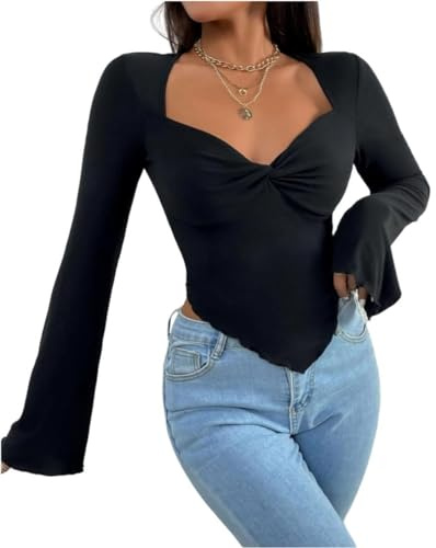 Rongseng Donna Maglietta a Maniche Lunghe Crop Top Sexy Slim T Shirt Scollatura a Cuore Twist Front Orlo Asimmetrico Maglia Cotone Camicette Eleganti Morbido Pullover Moda Casual Y2k Streetwear