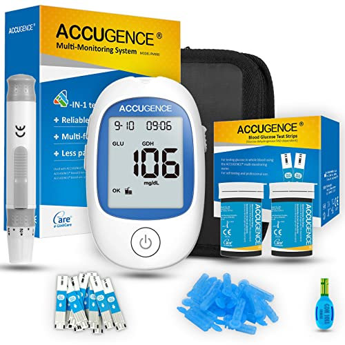 ACCUGENCE Misuratore Glicemia,Glucometro,Diabete Test Kit Glucosio Nel Sangue Con 50 strisce glicemia, E 3en1 Glucometro Multifunzione (Glicemia, Acido Urico, Chetone)